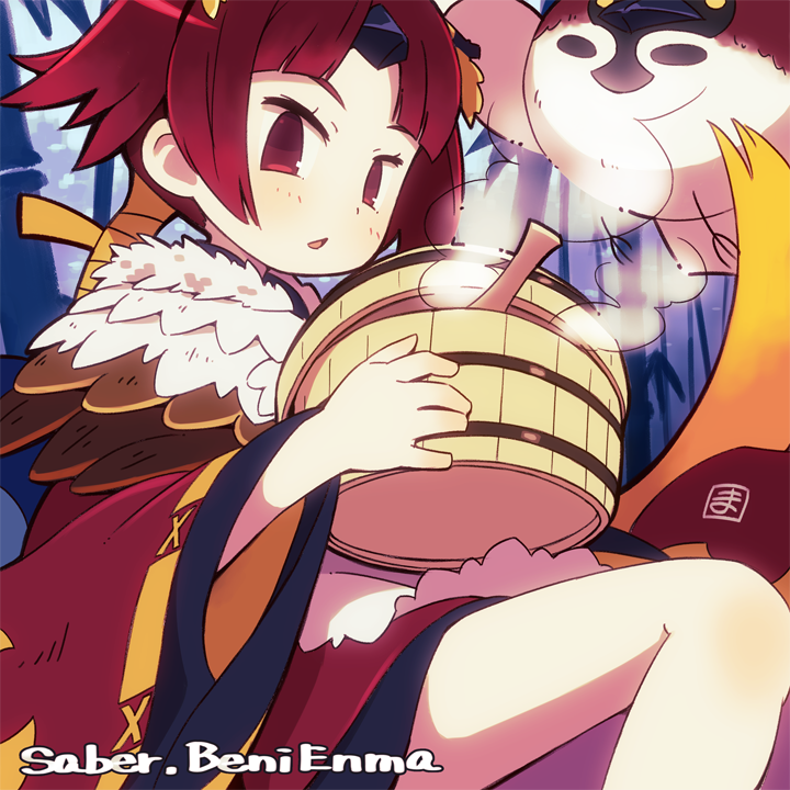 1girl apron bamboo bamboo_forest beni-enma beni-enma_(first_ascension) bird blonde_hair blue_background blush bucket fate/grand_order fate_(series) feet_out_of_frame forest from_side gradient_hair holding holding_bucket japanese_clothes kappougi kimono knee_up long_hair long_sleeves looking_at_viewer looking_to_the_side mawaru_(mawaru) multicolored_hair nature ohitsu open_mouth red_eyes red_hair red_kimono shamoji short_kimono solo steam triangle_mouth very_long_hair white_apron wide_sleeves