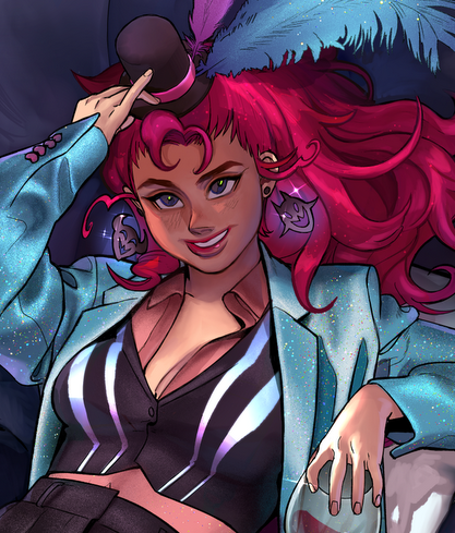 1girl alcohol asmodeus_(helluva_boss) black_eyes black_hat black_pants black_vest blue_feathers blue_suit blush breasts bull center_opening cleavage collared_shirt cosplay cup demon demon_girl earrings feathers floating_earring formal_clothes genderswap genderswap_(mtf) grin hat hat_feather heart helluva_boss high-waist_pants holding holding_cup holding_unworn_clothes holding_unworn_hat inesmbravo jewelry large_breasts long_hair looking_at_viewer lowres mini_hat on_chair open_clothes open_shirt pants purple_feathers ram_(animal) red_hair red_lips red_wine shirt sitting smile solo sparkle striped_clothes striped_vest suit two-tone_vest unworn_hat unworn_headwear upper_body vest wine