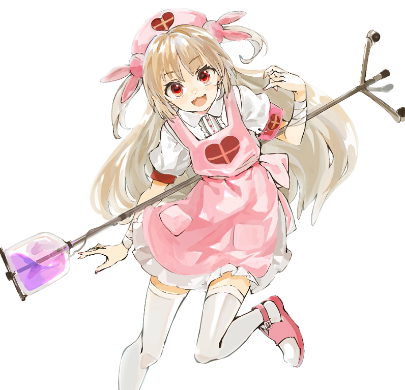 1girl :3 apron bandaged_wrist bandages blonde_hair center_frills collared_shirt commentary_request fang foot_out_of_frame frills hair_ornament hand_up hat holding holding_behind_back iv_stand konabetate long_hair looking_at_viewer natori_sana nurse_cap oekaki open_mouth pink_apron puffy_short_sleeves puffy_sleeves rabbit_hair_ornament red_eyes sana_channel sandals shirt short_sleeves simple_background smile solo standing standing_on_one_leg thighhighs two_side_up virtual_youtuber white_background white_shirt white_thighhighs