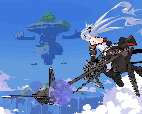 1girl aircraft airplane bad_id bad_pixiv_id bare_shoulders female_focus floating_city flying looking_back lowres mof mof&#039;s_silver_haired_twintailed_girl oekaki original scenery silver_hair solo twintails