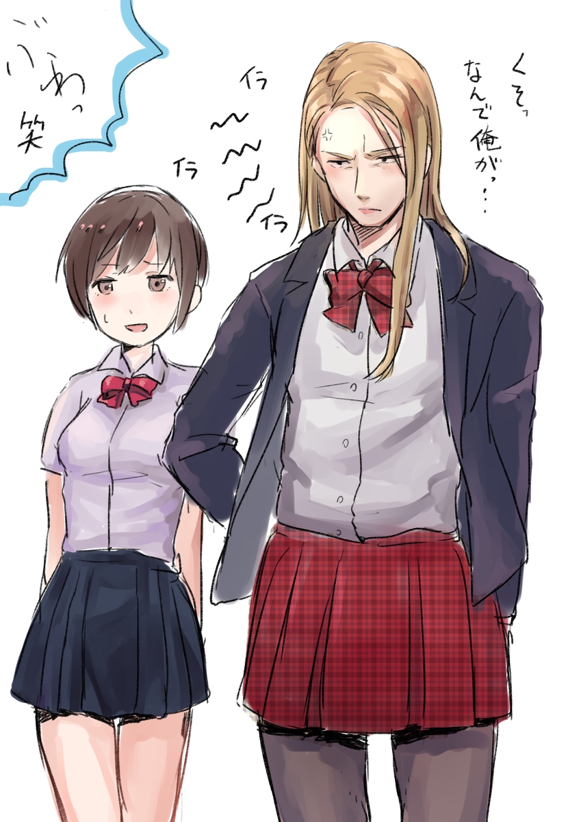 1boy 1girl adam_bindewald amenomori430 anger_vein angry blonde_hair blue_jacket blue_skirt blush bow bowtie breasts brown_eyes brown_hair crossdressing dialogue_box embarrassed godzilla:_city_on_the_edge_of_battle godzilla:_planet_of_the_monsters godzilla:_the_planet_eater godzilla_(series) hands_on_own_hip highres jacket leggings long_hair long_sleeves looking_at_viewer looking_away medium_breasts open_clothes open_jacket polygon_pictures red_bow red_bowtie red_skirt school_uniform short_hair skirt speech_bubble tani_yuko toho veins white_background