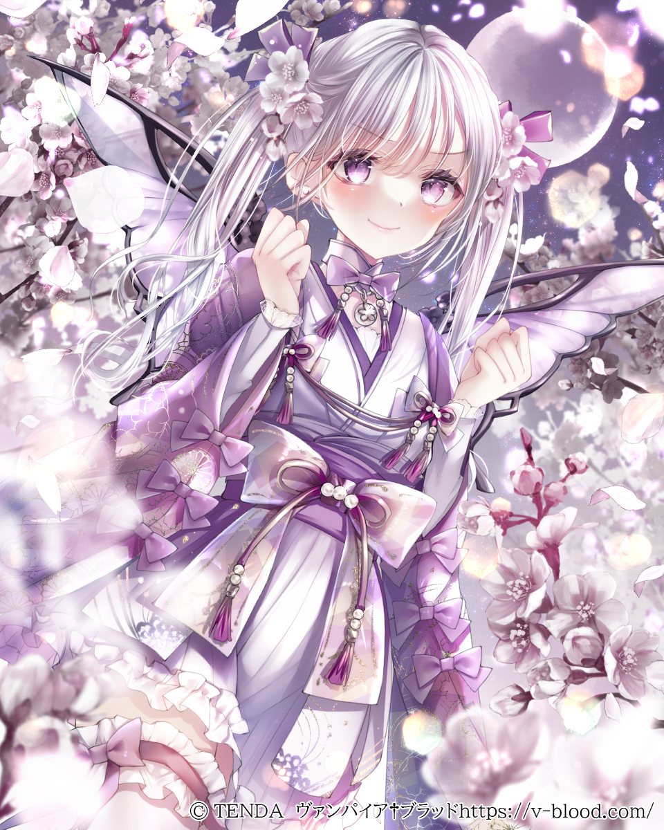 1girl blush bow bowtie butterfly_wings cherry_blossoms clenched_hands closed_mouth commentary_request falling_petals flower frilled_thigh_strap full_moon grey_hair hair_flower hair_ornament hair_ribbon hands_up hane_segawa haori highres insect_wings japanese_clothes kimono koizuka_hatsuna long_hair long_sleeves looking_at_viewer moon night official_art outdoors petals pink_flower pink_ribbon purple_bow purple_bowtie purple_eyes purple_haori purple_wings ribbon sash smile solo thigh_strap twintails vampire_blood waist_sash white_kimono wide_sleeves wings