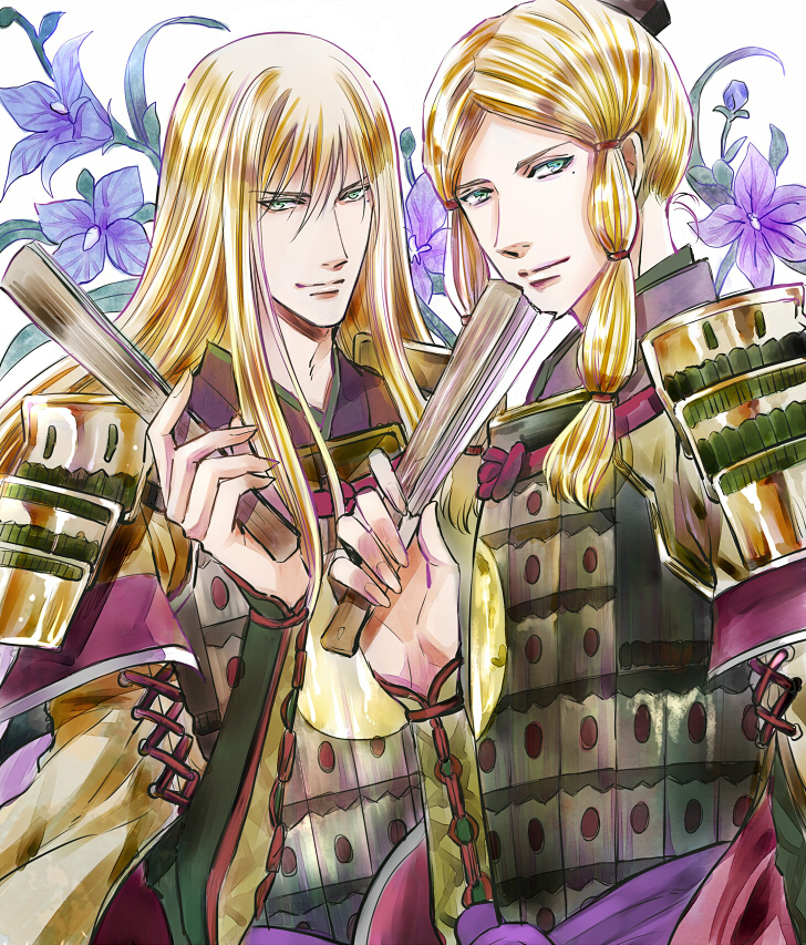 2boys armor blonde_hair dual_persona floral_background green_eyes hair_between_eyes hand_fan holding holding_fan japanese_armor kaoru long_hair looking_at_viewer male_focus mole mole_under_eye multiple_boys official_alternate_costume sen_no_rikyuu_(sengoku_basara) sengoku_basara smile smirk upper_body white_background