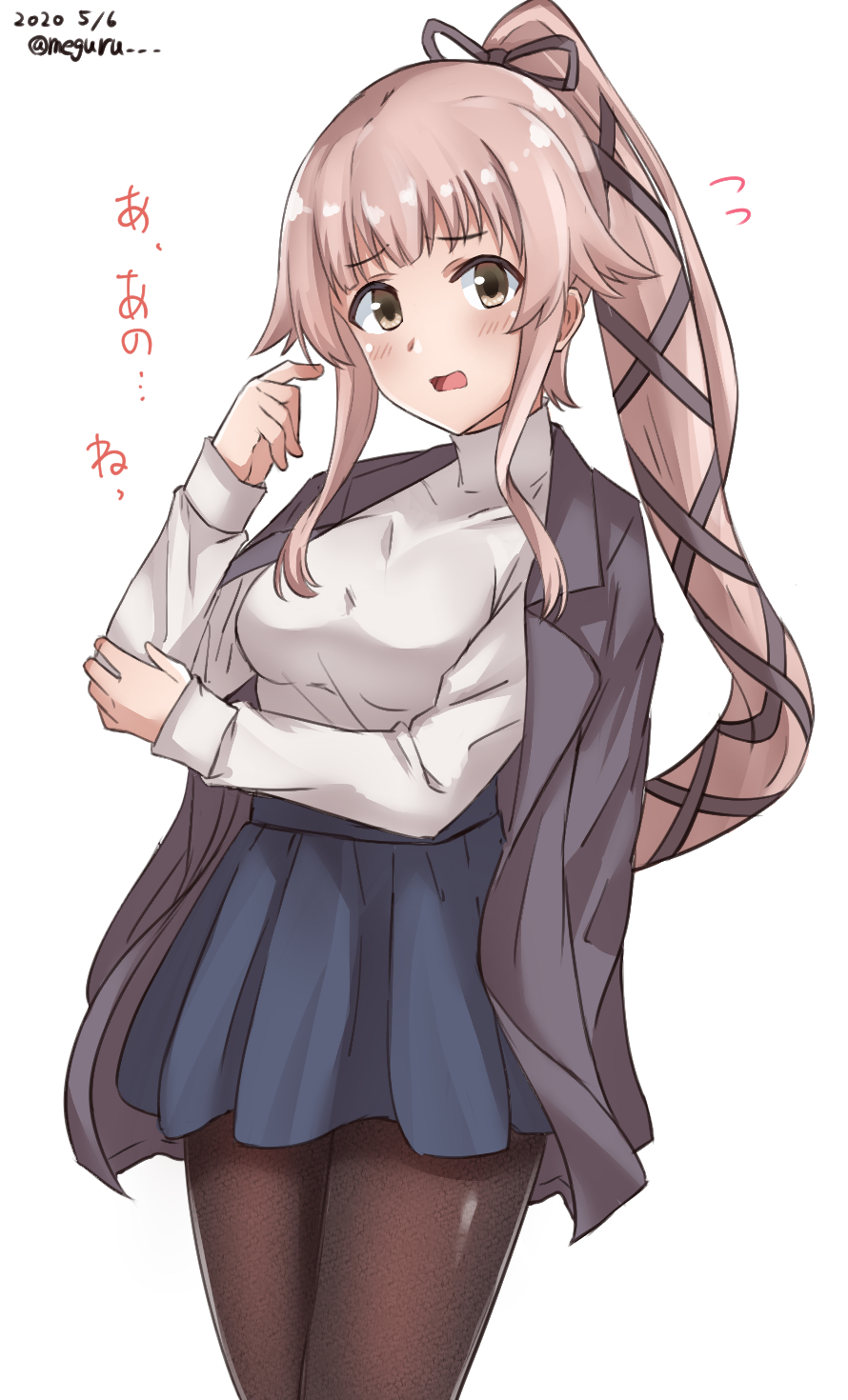 1girl :o alternate_costume bad_id bad_twitter_id black_jacket black_pantyhose blue_sweater blush brown_eyes casual cowboy_shot dated female_focus hair_flaps highres jacket jacket_on_shoulders kantai_collection long_hair looking_at_viewer meguru_(megurunn) pantyhose pink_hair pleated_skirt ponytail simple_background skirt solo sweater turtleneck turtleneck_sweater twitter_username very_long_hair white_background white_sweater yura_(kancolle) yura_(maizuru)_(kancolle)