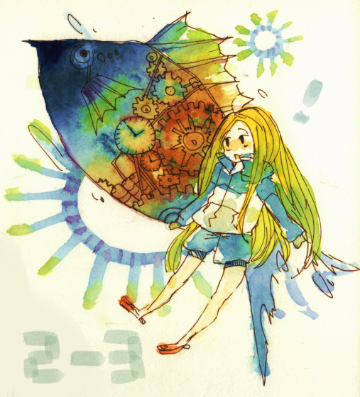 2-3 arakawa_under_the_bridge blonde_hair blue_eyes buzz_(moi) empty_eyes fish long_hair nino_(arakawa) nino_(nino_imo)