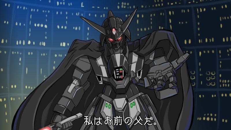cape cloak cosplay crossover darth_vader darth_vader_(cosplay) energy_sword glowing glowing_eyes gundam gundam_age gundam_age-2 helmet lightsaber looking_at_viewer mecha no_humans outstretched_hand parody red_eyes robot star_wars star_wars:_the_empire_strikes_back stmk64 sword weapon