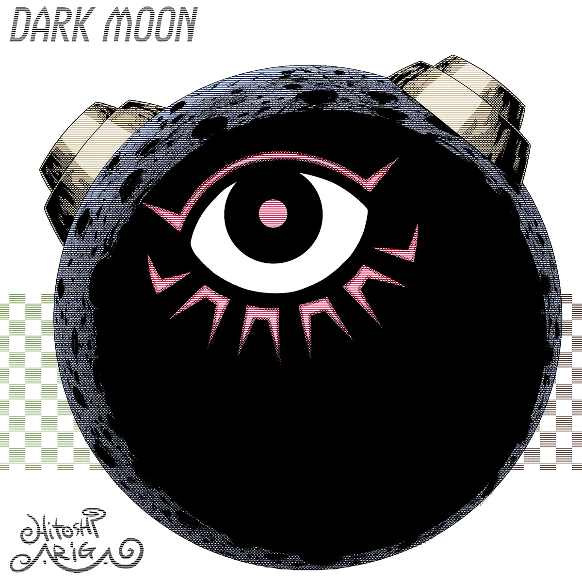 1other ariga_hitoshi artist_name black_eyes character_name checkered_background commentary_request concept_art dark_moon_(mega_man) full_moon gradient_background green_background grey_background highres looking_at_viewer mega_man_(classic) mega_man_(series) mega_man_megamix mega_man_v moon muted_color no_humans one-eyed other_focus red_pupils scanlines signature simple_background white_background