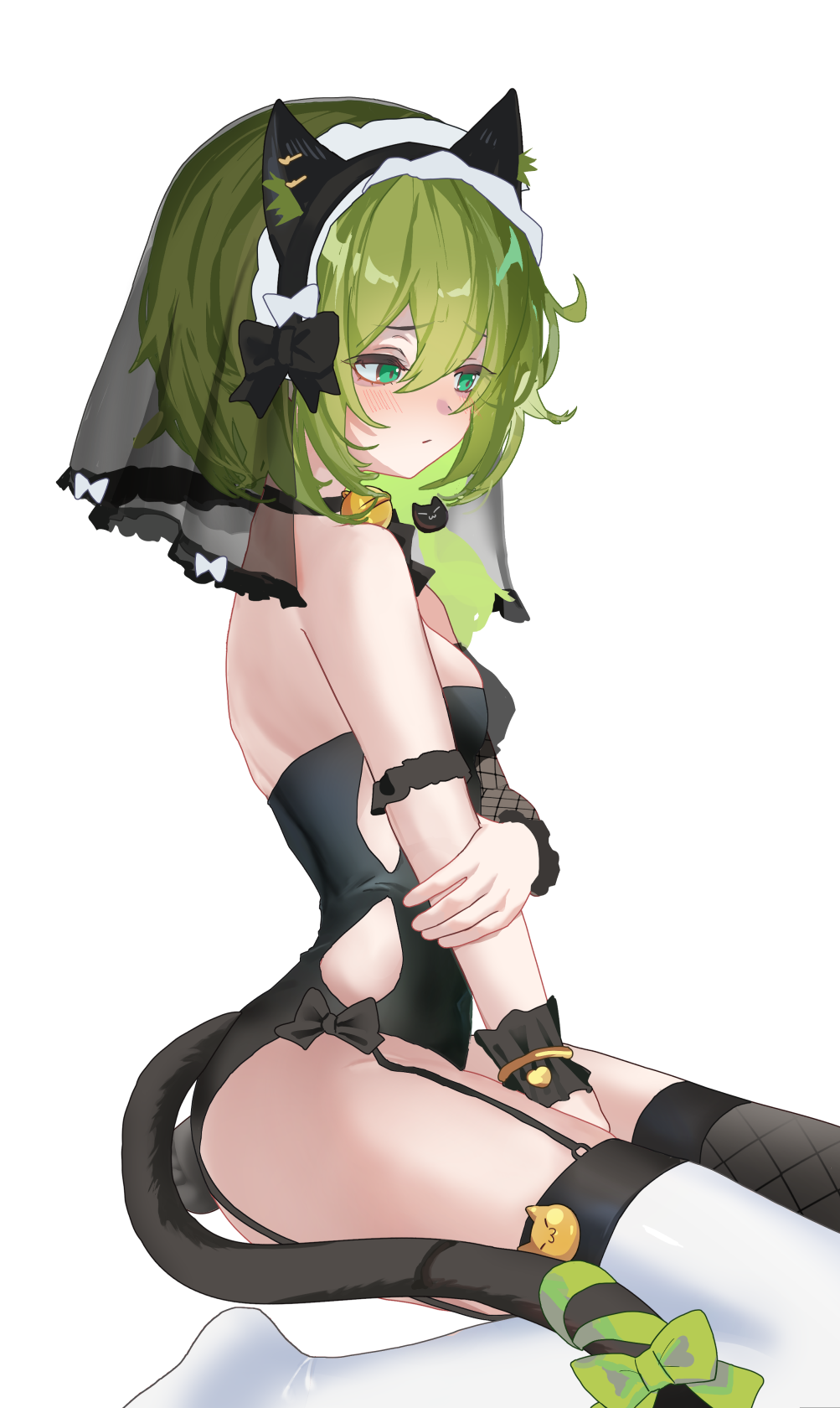1girl animal_ears arin_(1010_ssu) bell benghuai_xueyuan black_garter_straps black_leotard black_veil blush breasts cat_ears cat_tail commentary_request fake_animal_ears fake_tail from_side garter_straps green_eyes green_hair highres honkai_(series) leotard neck_bell see-through_clothes see-through_veil short_hair simple_background sitting small_breasts solo tail thighhighs thighs veil wariza white_background white_thighhighs yssring_leavtruth