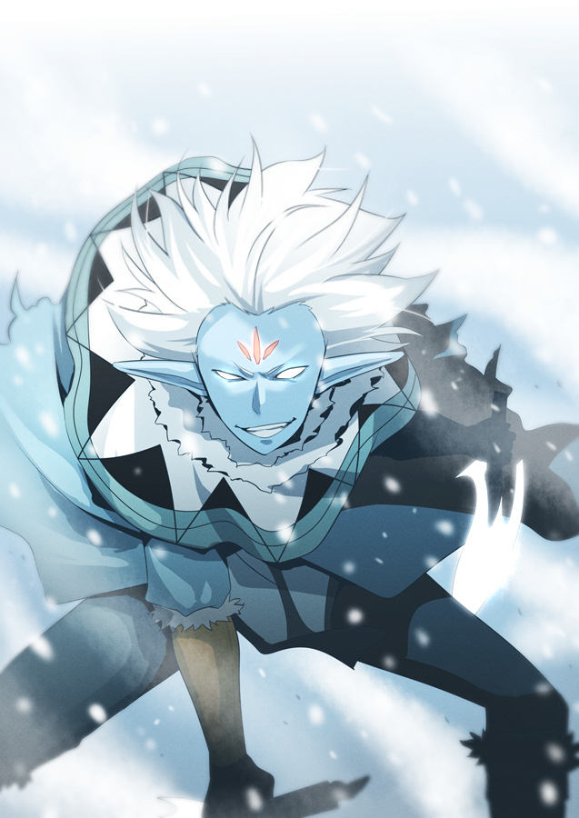 1boy baruka blue_jacket blue_pants blue_skin clenched_teeth cloud cloudy_sky colored_skin crazy crazy_grin dagger elf facial_mark facial_tattoo facing_viewer fluffy_hair forehead_mark fur-trimmed_jacket fur_trim furrowed_brow gloves glowing glowing_knife glowing_weapon holding holding_dagger holding_knife holding_weapon jacket knife looking_at_viewer male_focus no_pupils pants parka pointy_ears red_tattoo short_hair sky snow snowing solo_leveling tattoo teeth wab_lev weapon white_eyes white_hair winter winter_clothes winter_gloves
