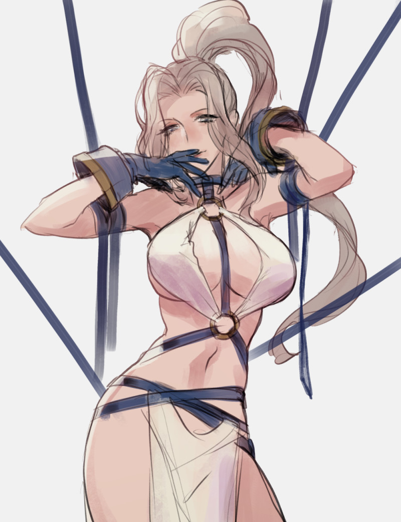 1girl breasts closed_mouth collarbone detached_sleeves dress gensou_suikoden gensou_suikoden_i gloves high_ponytail jeane_(suikoden) jewelry large_breasts long_hair looking_at_viewer navel o-ring p-nekor ponytail revealing_clothes simple_background solo white_background white_hair