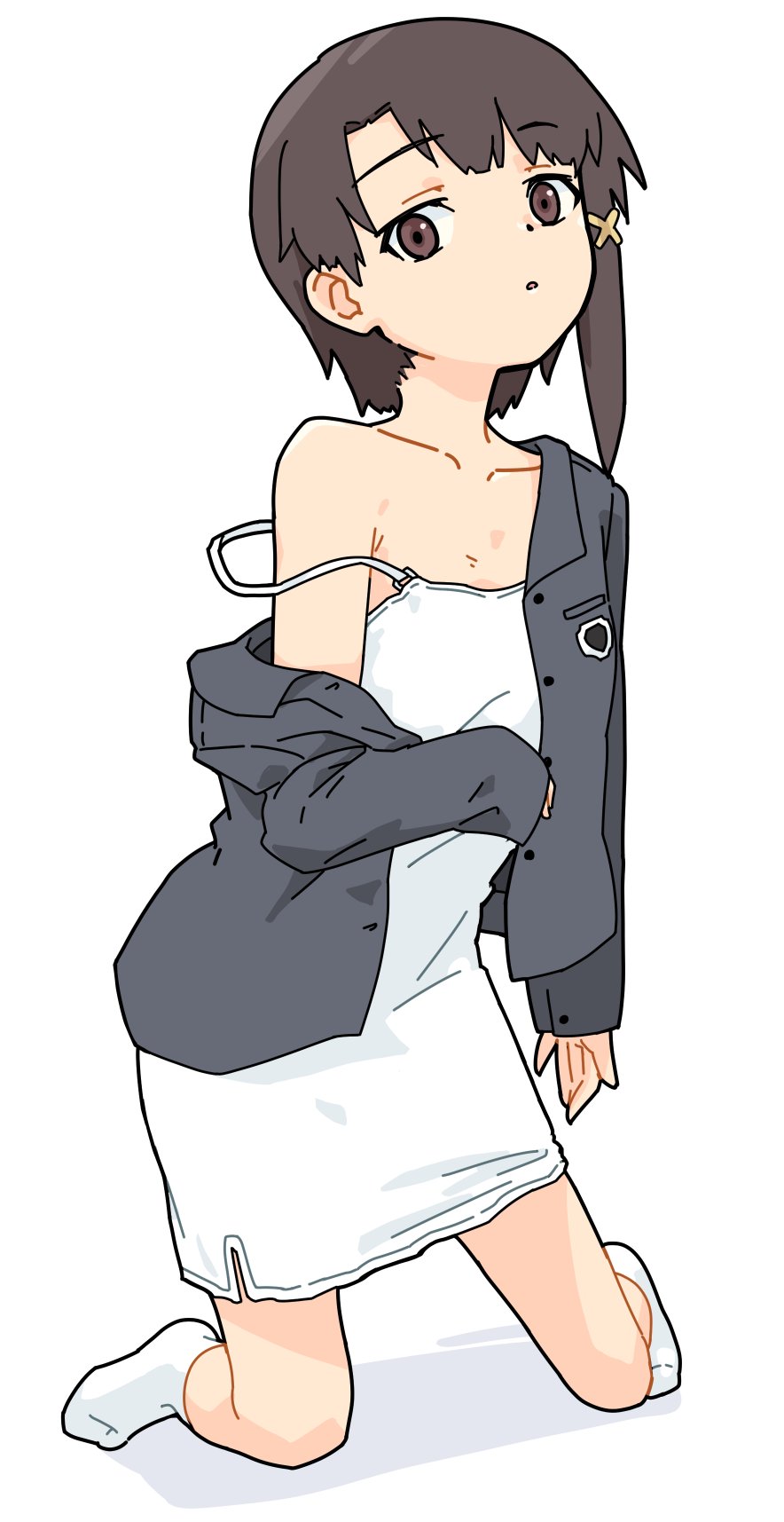 1girl brown_eyes brown_hair dress expressionless flat_chest full_body hair_ornament highres iwakura_lain jacket kneeling looking_at_viewer monolith_(suibou_souko) off_shoulder open_clothes open_jacket serial_experiments_lain single_bare_shoulder single_sidelock socks solo white_dress white_socks x_hair_ornament