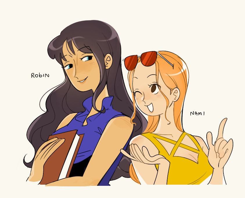 2girls black_hair blue_eyes book cesel character_name commentary cross-laced_clothes english_commentary eyewear_on_head high_collar holding holding_book long_hair multiple_girls nami_(one_piece) nico_robin one_eye_closed one_piece orange_hair short_sleeves sidelocks simple_background smile upper_body