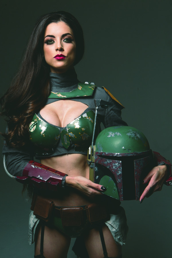 1girl armor black_hair boba_fett boba_fett_(cosplay) breasts cleavage cosplay female_focus genderswap genderswap_(mtf) helmet holding holding_helmet nail_polish photo_(medium) solo star_wars tagme