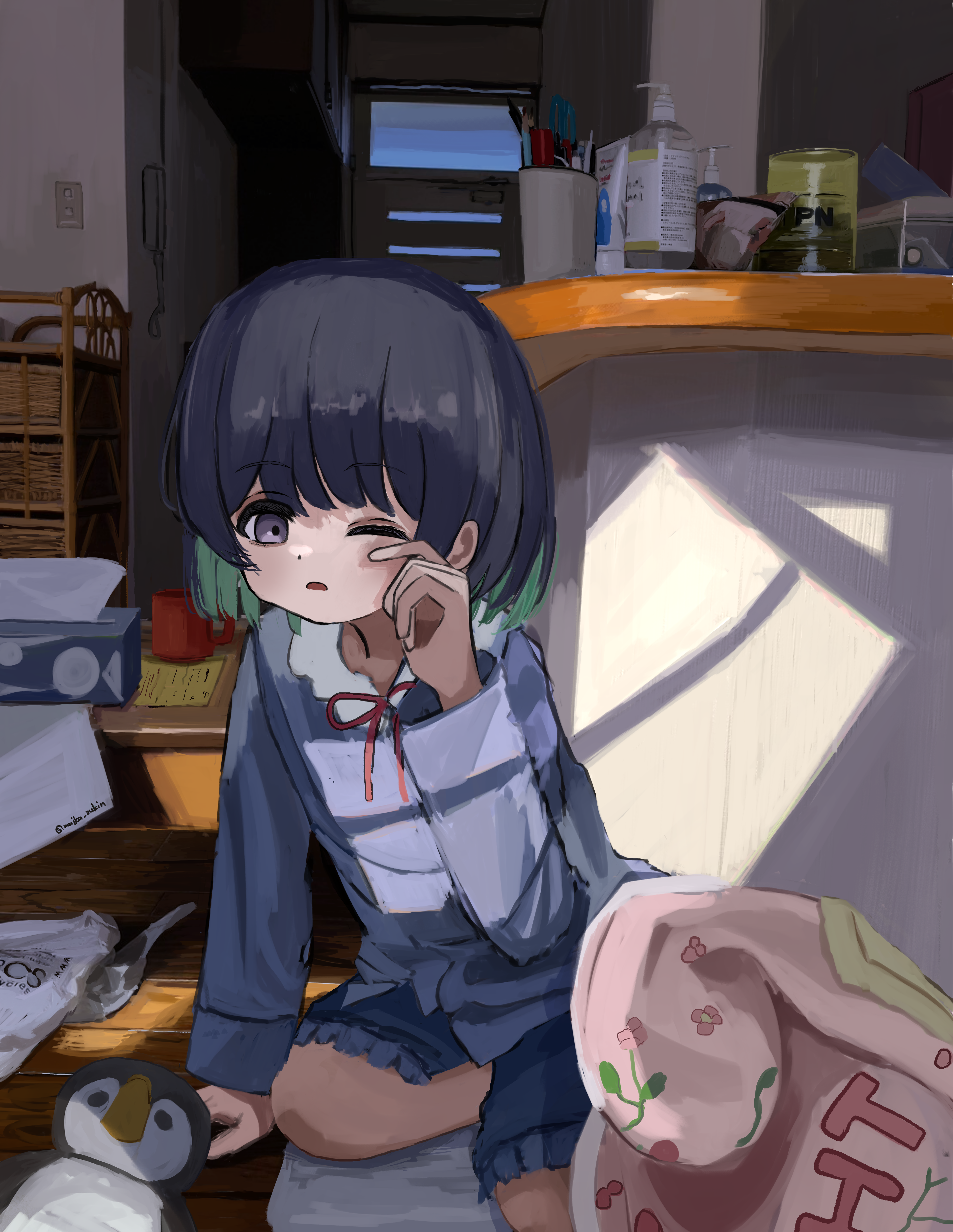 1girl absurdres black_hair blue_pajamas blue_shorts clutter coffee_mug colored_inner_hair commentary_request cup door green_hair hand_on_own_face highres indoors long_sleeves looking_at_viewer mug multicolored_hair neck_ribbon on_floor open_mouth original pajamas pencil_pot purple_eyes red_ribbon ribbon rubbing_eyes seiza short_hair shorts sitting sleepy soap_dispenser solo stuffed_animal stuffed_penguin stuffed_toy tissue_box wanigumo