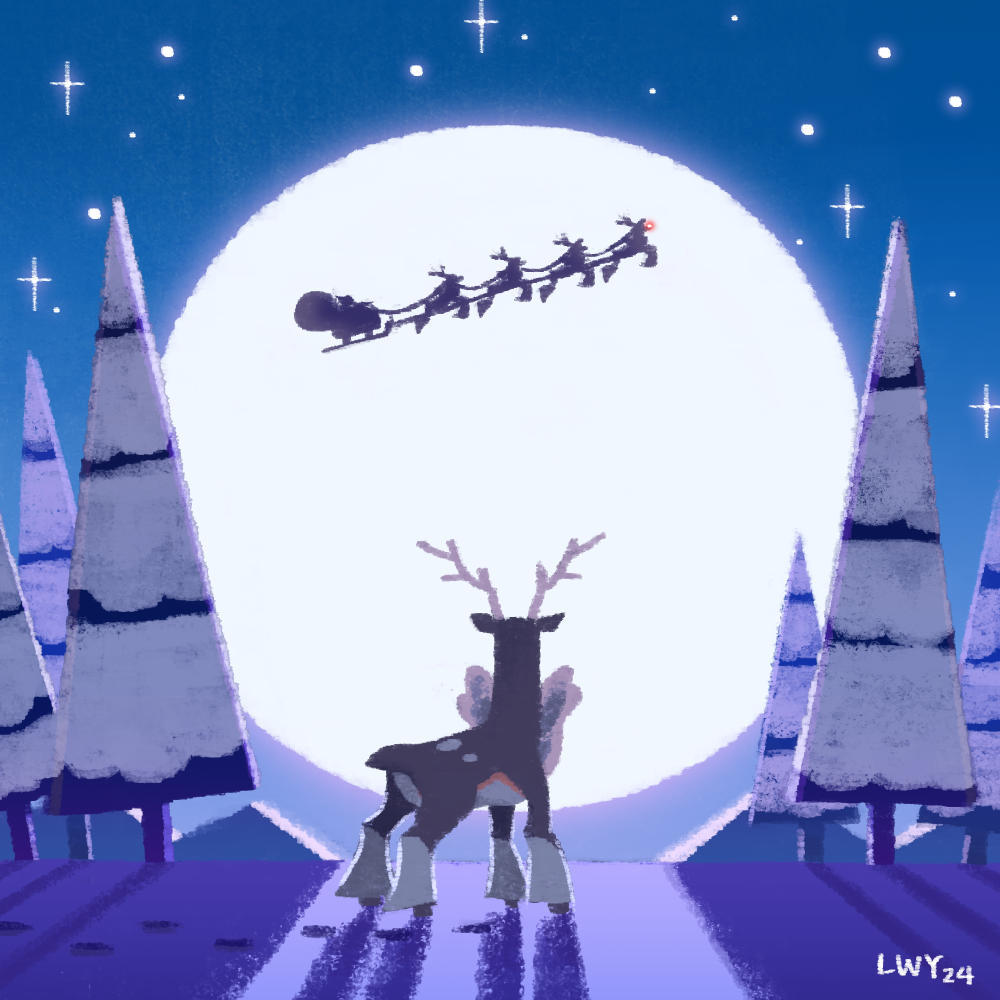 1boy christmas commentary_request flying footprints gen_5_pokemon moon night nintendo outdoors pokemon pokemon_(creature) reindeer sack sawsbuck sawsbuck_(winter) shadow signature sky sleigh snow sparkle standing tree winter wy_leong