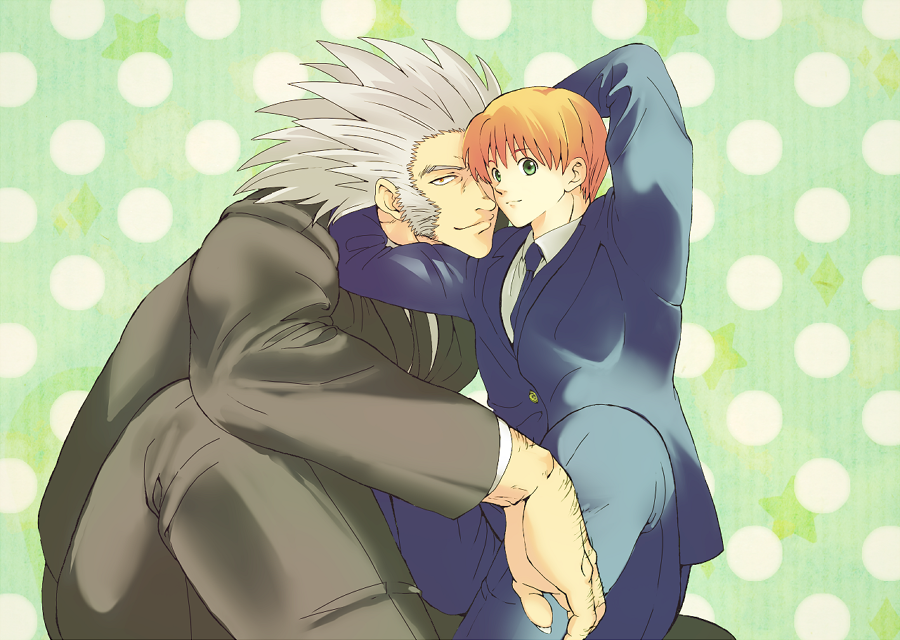 2boys arms_around_neck arms_behind_head black_suit blonde_hair blue_suit cheek-to-cheek couple cowboy_shot facial_hair formal_clothes green_eyes hair_slicked_back hanba_guyokota hand_hair heads_together hunter_x_hunter looking_at_viewer male_focus medium_hair multiple_boys muscular muscular_male mutton_chops shalnark short_hair size_difference smile spiked_hair suit uvogin yaoi