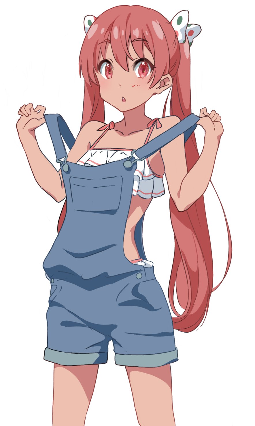 1girl alternate_costume ao_iro bikini bikini_under_clothes blush bow brown_hair dark-skinned_female dark_skin denim female_focus hair_bow highres kantai_collection libeccio_(kancolle) libeccio_(swimsuit)_(kancolle) long_hair open_mouth overalls polka_dot polka_dot_bow red_eyes simple_background solo swimsuit swimsuit_under_clothes twintails white_background white_bikini