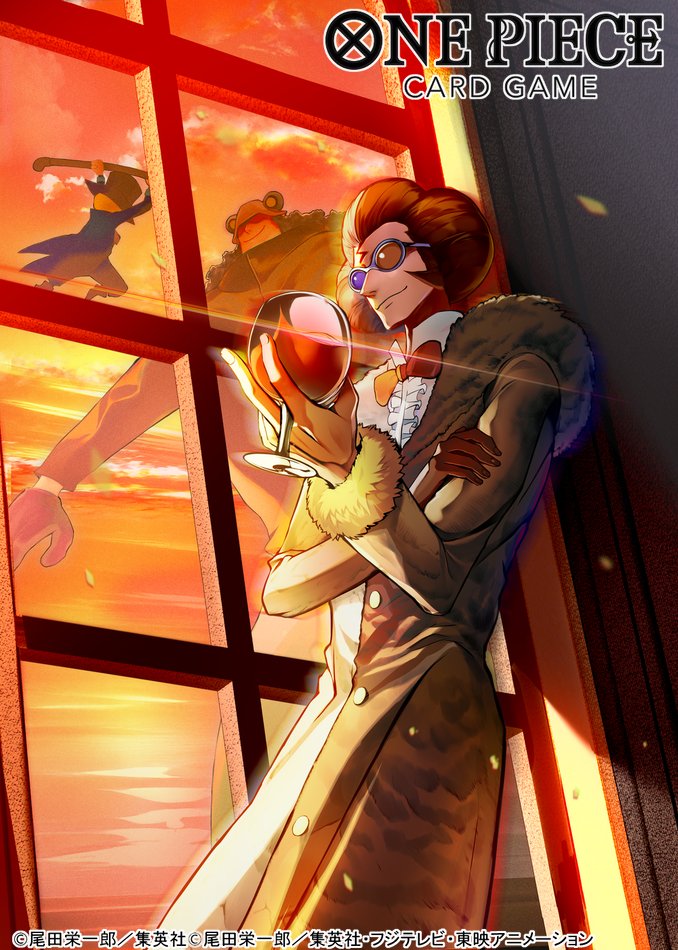 3boys animal_ears bartholomew_kuma bear_ears bow bowtie coat commentary_request copyright_name cowboy_shot cup gloves holding holding_cup holding_weapon hood hooded_coat inazuma_(one_piece) indoors light_smile male_focus multiple_boys official_art one_piece one_piece_card_game orange-tinted_eyewear purple-tinted_eyewear ryudaman sabo_(one_piece) shirt sideburns smile sunglasses sunset tinted_eyewear two-tone_eyewear weapon white_coat white_shirt window