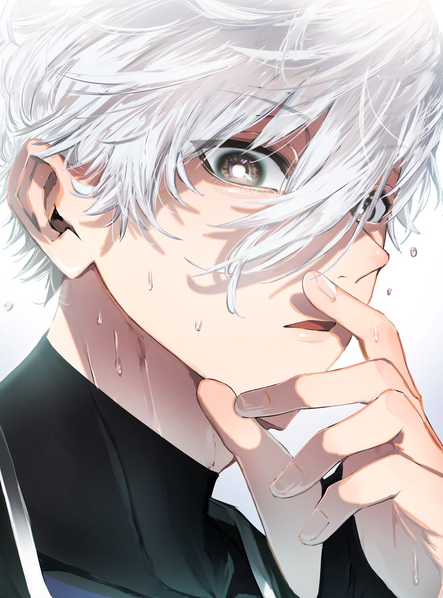 1boy black_bodysuit black_eyes blue_lock bodysuit hand_up highres looking_at_viewer male_focus nagi_seishirou naka_(58hrprtr) open_mouth short_hair solo sweat white_background white_hair