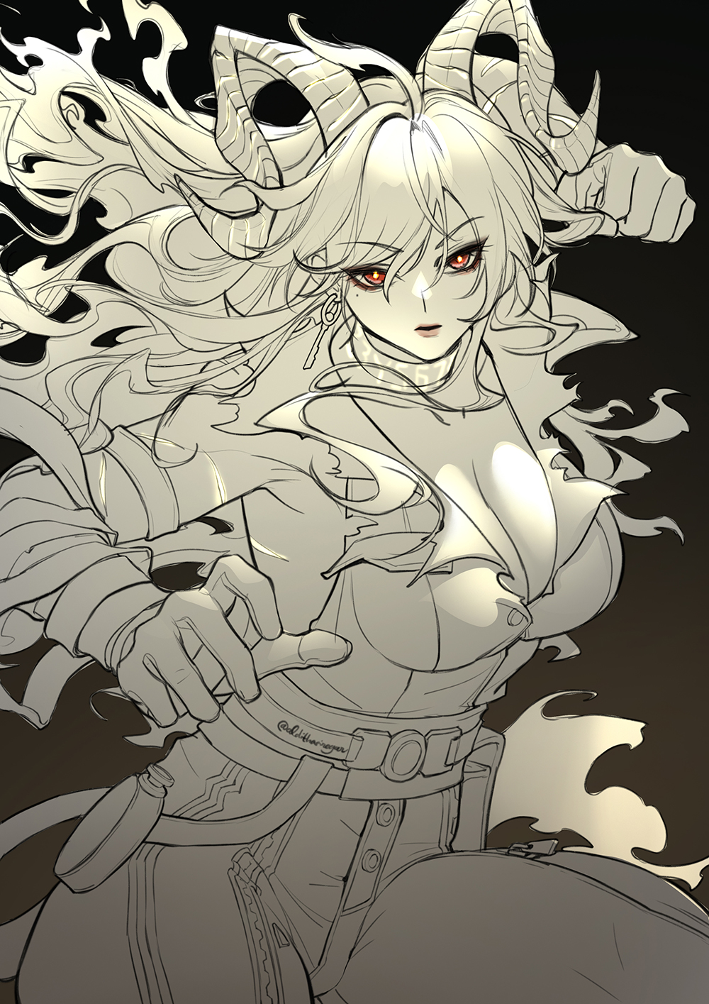 1girl breasts choker cleavage clenched_hand closed_mouth commentary cowboy_shot curled_horns earrings gloves gradient_background hashtag-only_commentary high-waist_pants highres horns incoming_attack incoming_punch indah_siregar jewelry key_earrings large_breasts looking_at_viewer monochrome orange_background pants punching red_eyes shirt shirt_tucked_in solo spot_color torn_clothes torn_shirt v-shaped_eyebrows wuthering_waves yellow_pupils zani_(wuthering_waves)