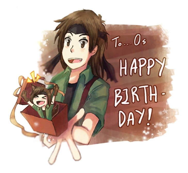 &gt;_&lt; 2others androgynous animal_ears animal_hands arms_up birthday black_headband black_shirt brown_background brown_eyes brown_gloves brown_hair clone collared_jacket commentary cropped_torso dog_ears dog_tail english_commentary english_text fang gift gift_art giving gloves green_jacket happy_birthday headband holding holding_gift jacket kemonomimi_mode kurohebi len&#039;en light_blush long_hair looking_at_viewer mini_person multiple_others notice_lines open_clothes open_jacket open_mouth other_focus paw_gloves ribbon shirt short_sleeves smile tail teeth two-tone_background upper_teeth_only white_background yamanoskk yellow_ribbon
