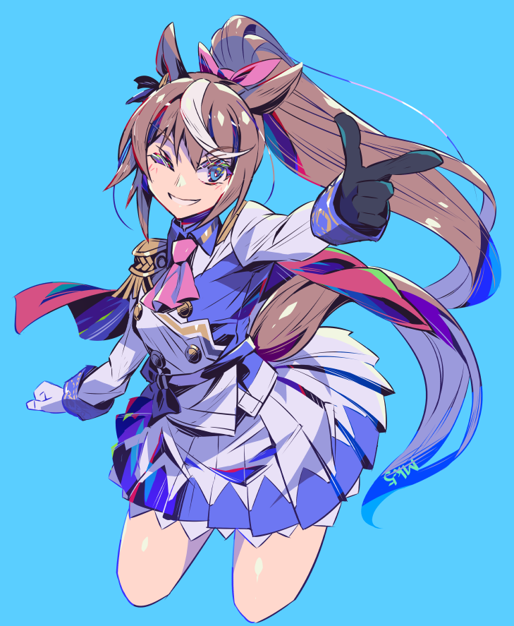 1girl animal_ears ascot asymmetrical_gloves black_gloves blue_background blue_eyes blue_skirt bow brown_hair buttons cape cowboy_shot cropped_legs cygames double-breasted epaulettes finger_gun gloves grin high_ponytail horse_ears horse_girl horse_tail jacket long_hair long_sleeves looking_at_viewer miniskirt mismatched_gloves mk-5 multicolored_hair multicolored_jacket one_eye_closed pink_ascot pink_bow pleated_skirt pointing ponytail red_cape simple_background single_epaulette skirt smile solo streaked_hair tail tokai_teio_(umamusume) two-tone_hair two-tone_jacket two-tone_skirt umamusume white_gloves white_hair white_jacket white_skirt