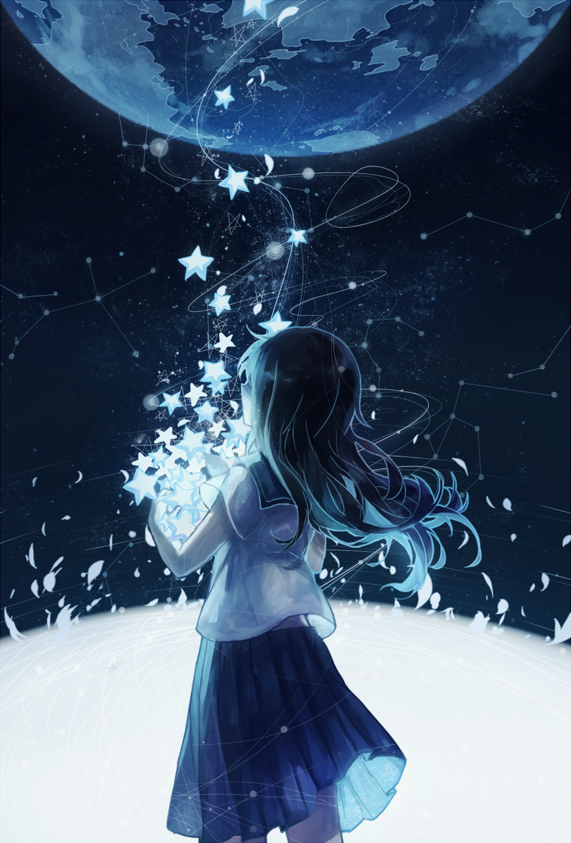 1girl black_hair blue_theme commentary constellation dark domik earth_(planet) female_focus from_behind light light_particles long_hair monochrome original planet scenery school_uniform serafuku solo star_(symbol) wind