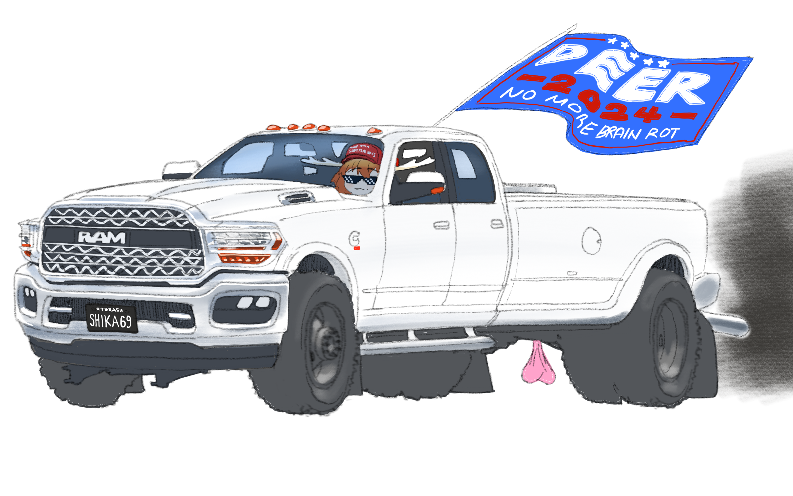 1girl :3 antlers closed_mouth commentary deer_antlers deer_girl dodge_(company) driving english_commentary flag flag_on_vehicle flagpole highres horns license_plate make_america_great_again motor_vehicle pickup_truck ram_pickup ricd0m shikanoko_noko shikanoko_nokonoko_koshitantan simple_background smoke solo sunglasses truck truck_nuts white_background