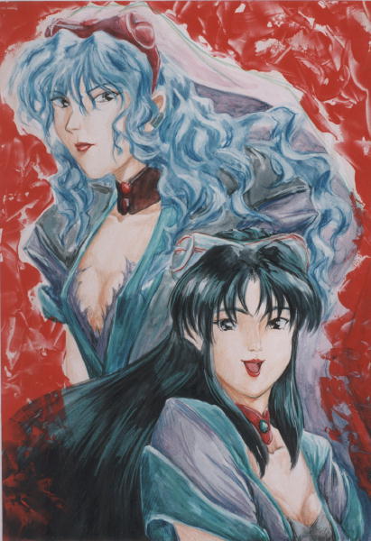 1990s_(style) 2girls artist_request blue_dress blue_eyes blue_hair breasts choker cleavage collarbone curly_hair dress el_hazard green_dress ifurita ifurita_tv long_hair looking_at_viewer multiple_girls upper_body very_long_hair