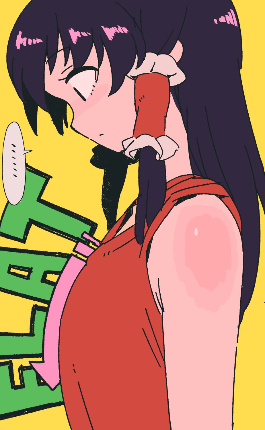... 1girl arms_at_sides arrow_(symbol) bare_shoulders black_hair breast_conscious english_text expressionless flat_chest from_side hair_tubes hakurei_reimu highres jean_(jean_sp) long_hair looking_down no_headwear profile red_shirt shirt simple_background sleeveless sleeveless_shirt solo touhou translation_request upper_body yellow_background