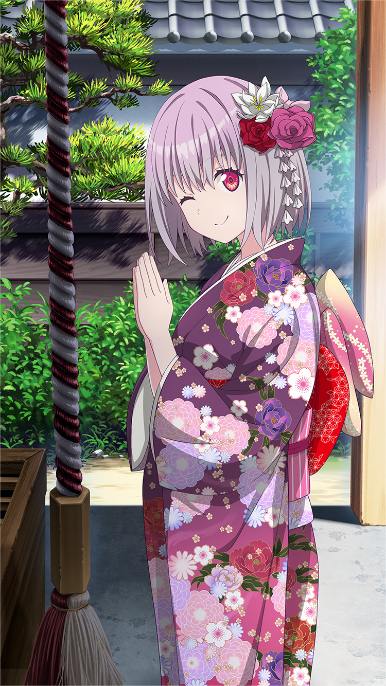1girl ;) bush closed_mouth day floral_print floral_print_kimono flower game_cg gridman_universe hair_flower hair_ornament hatsumoude highres japanese_clothes kimono kouhaku_nawa looking_at_viewer new_year obi official_art one_eye_closed outdoors own_hands_together palms_together pink_hair pink_sash praying print_kimono purple_kimono red_eyes rope sash shimenawa shinjou_akane short_hair shrine smile solo ssss.gridman third-party_source tree yukata
