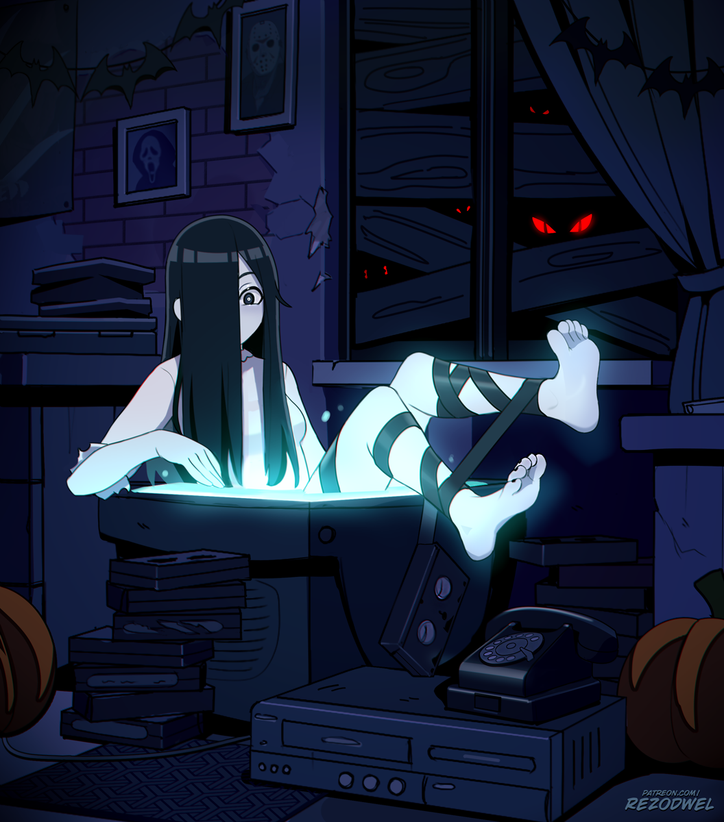 barefoot bat_wings black_hair black_nails dress feet female_focus ghostface halloween highres jason_voorhees long_hair one_eye_closed phone pumpkin red_eyes rezodwel soles television the_ring toes videocassette white_dress wings yamamura_sadako