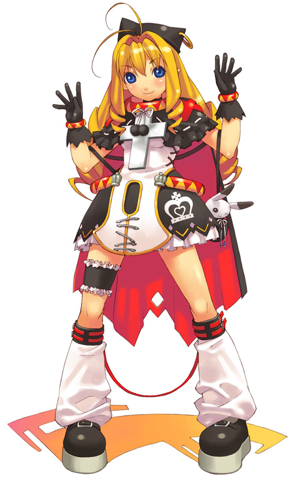 1girl bag blonde_hair blue_eyes boots cape cross female_focus frilled_thigh_strap full_body gloves handbag hat hirano_katsuyuki knee_boots leg_warmers long_hair official_art shoes skirt smile solo spectral_(series) spectral_souls thigh_strap vanilla_(spectral_souls) white_background