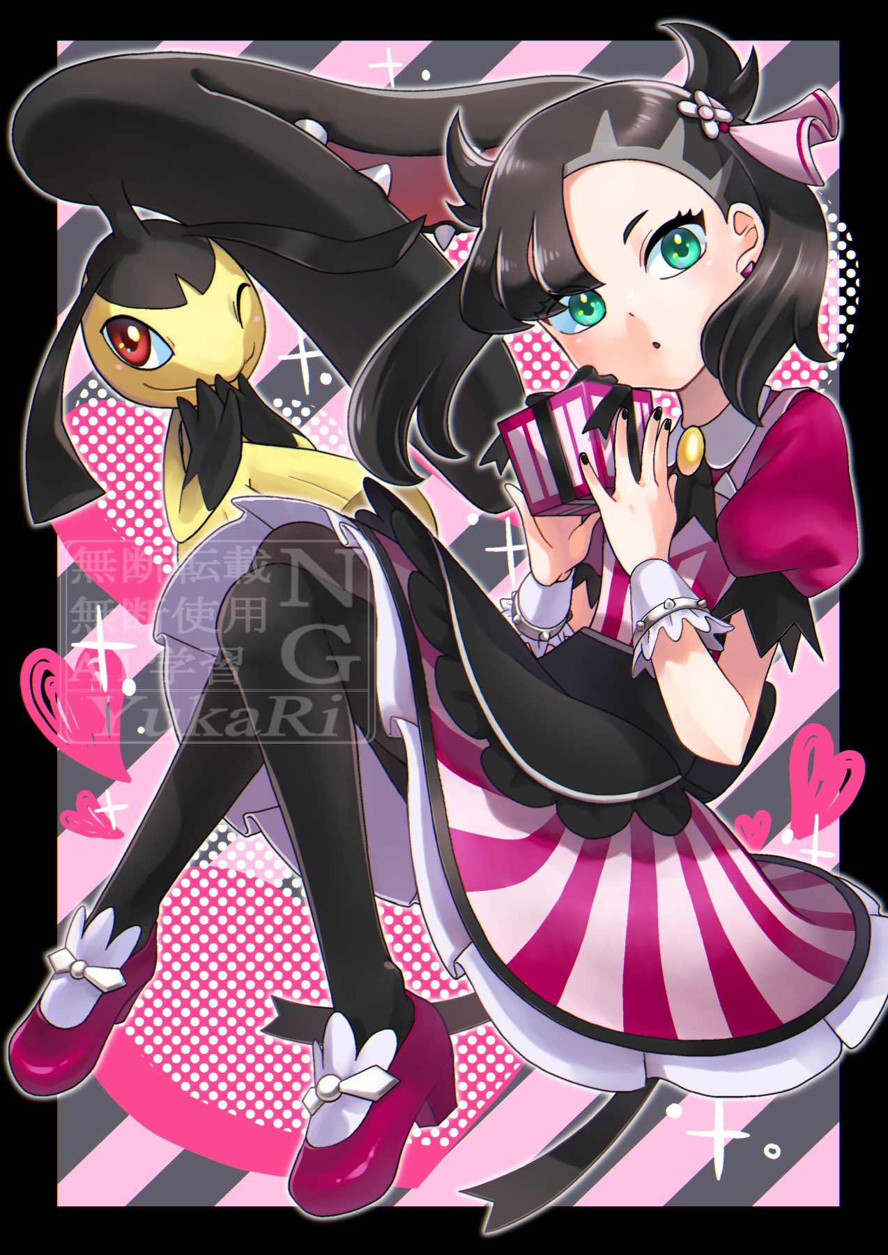 1girl apron asymmetrical_bangs black_apron black_hair black_nails black_pantyhose blue_eyes box dress full_body gen_3_pokemon gift gift_box heart highres holding holding_gift looking_at_viewer marnie_(palentine's_2022)_(pokemon) marnie_(pokemon) mawile nintendo official_alternate_costume pantyhose parted_lips pink_shoes pokemon pokemon_(creature) pokemon_masters_ex puffy_short_sleeves puffy_sleeves shoes short_sleeves striped_clothes striped_dress twintails vertical-striped_clothes vertical-striped_dress waist_apron wrist_cuffs yukari_(yukari21653710)