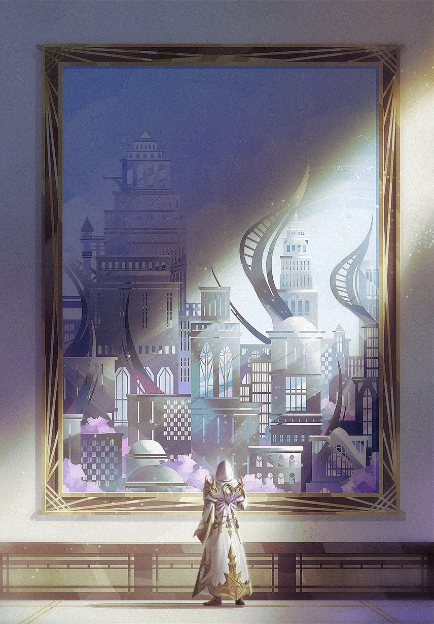 1boy amaurot brown_footwear building city elidibus facing_away final_fantasy final_fantasy_xiv from_behind highres hood hood_up hooded_robe indoors light_rays long_sleeves painting_(object) robe solo spiked_pauldrons standing white_robe wide_shot zmeoow