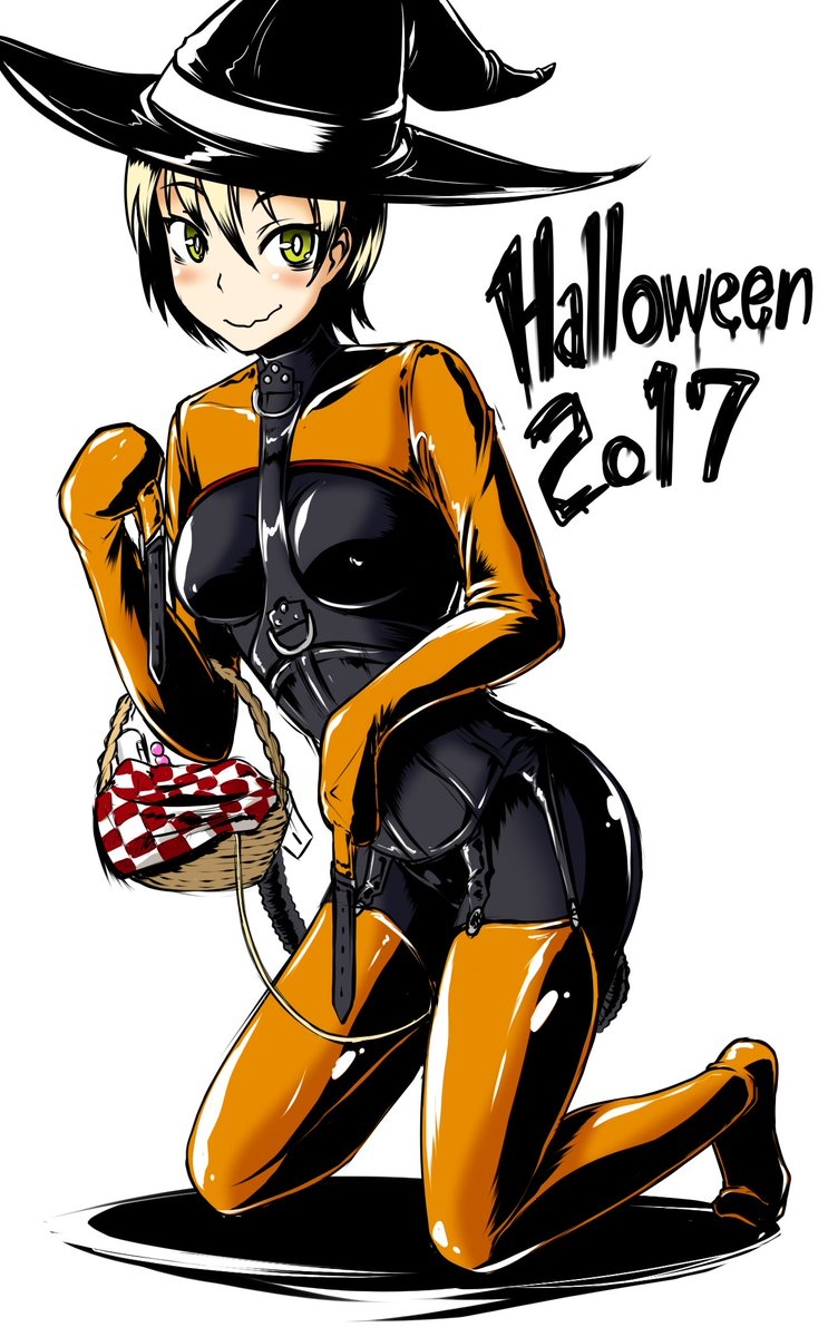 basket corset garter_straps halloween halloween_costume hat highres kirisame_marisa kneeling latex latex_suit straitjacket tamakko thighhighs touhou vibrator vibrator_under_clothes witch_hat