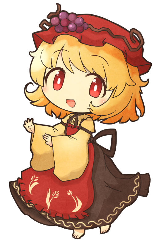 1girl aki_minoriko akihiyo apron barefoot black_skirt blush bright_pupils female_focus food food-themed_clothes fruit grapes hat mob_cap open_mouth outstretched_arms red_apron red_eyes red_hat shirt simple_background skirt solo standing touhou transparent_background white_background white_pupils wide_sleeves yellow_shirt