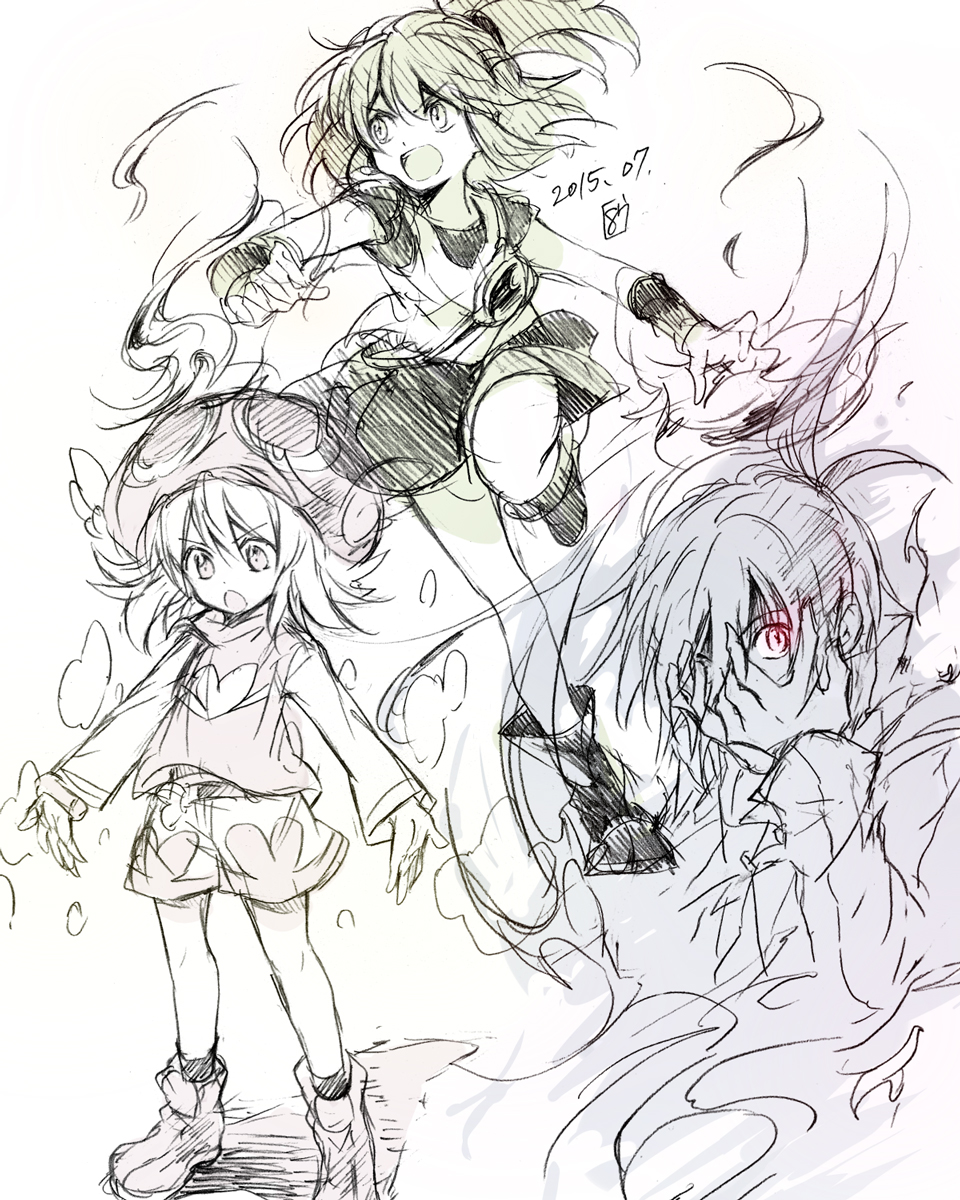 1boy 2girls amitie_(puyopuyo) arle_nadja black_sig covering_face fire hana_(mew) highres multiple_girls open_mouth ponytail puyo_(puyopuyo) puyopuyo puyopuyo_fever pyrokinesis red_eyes shoes short_hair shorts sig_(puyopuyo) sketch skirt spot_color