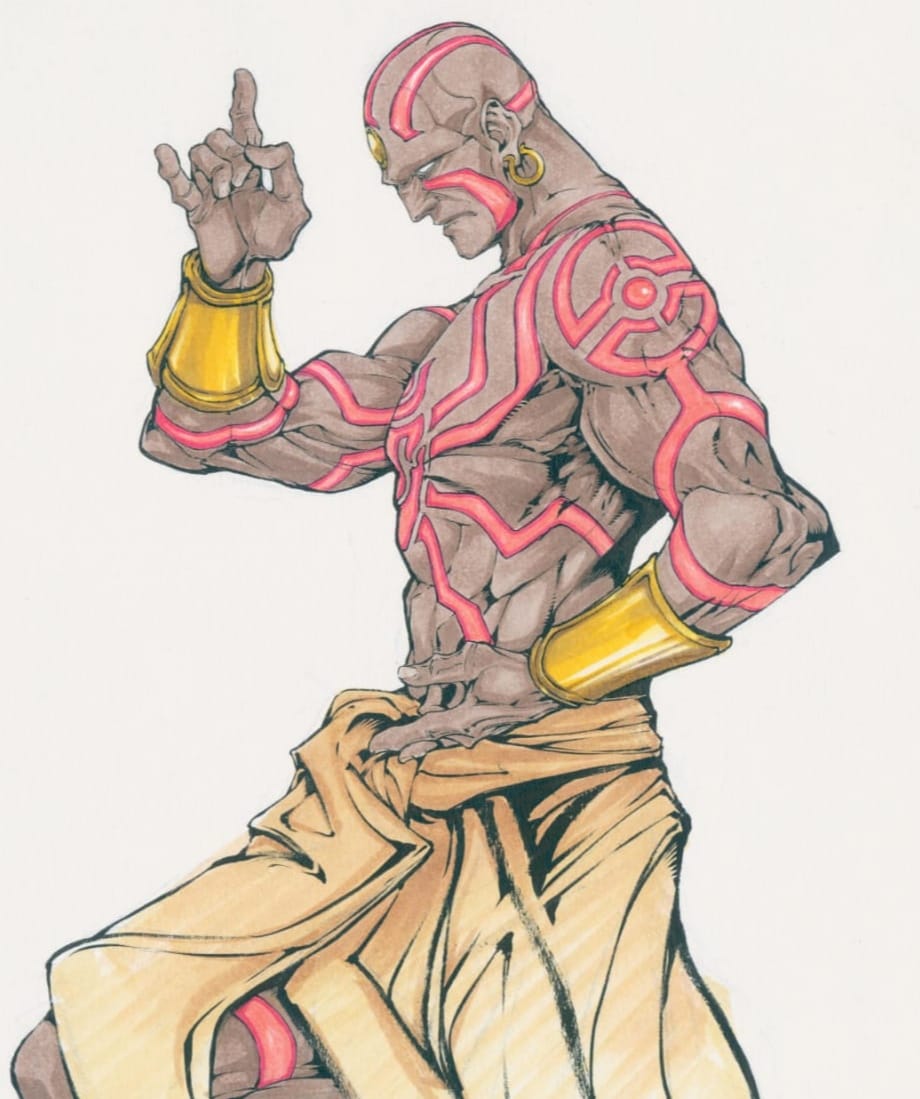 1boy andy_seto armband bald blank_eyes body_markings chinese_commentary commentary_request dark-skinned_male dark_skin dhalsim earrings from_side hoop_earrings jewelry male_focus marker_(medium) muscular muscular_male profile solo standing standing_on_one_leg street_fighter street_fighter_ii_(series) traditional_media