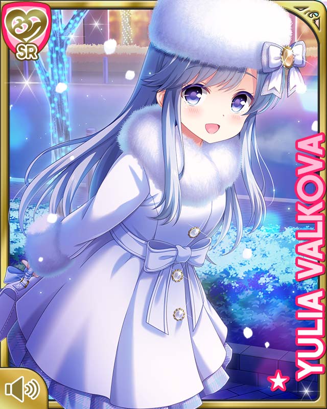 1girl :d bag bow christmas coat dress fur_trim girlfriend_(kari) grey_hair handbag ice_rink long_hair night official_art open_mouth outdoors purple_eyes qp:flapper smile sweater white_bow white_coat white_dress white_headwear white_sweater winter_clothes yulia_valkova