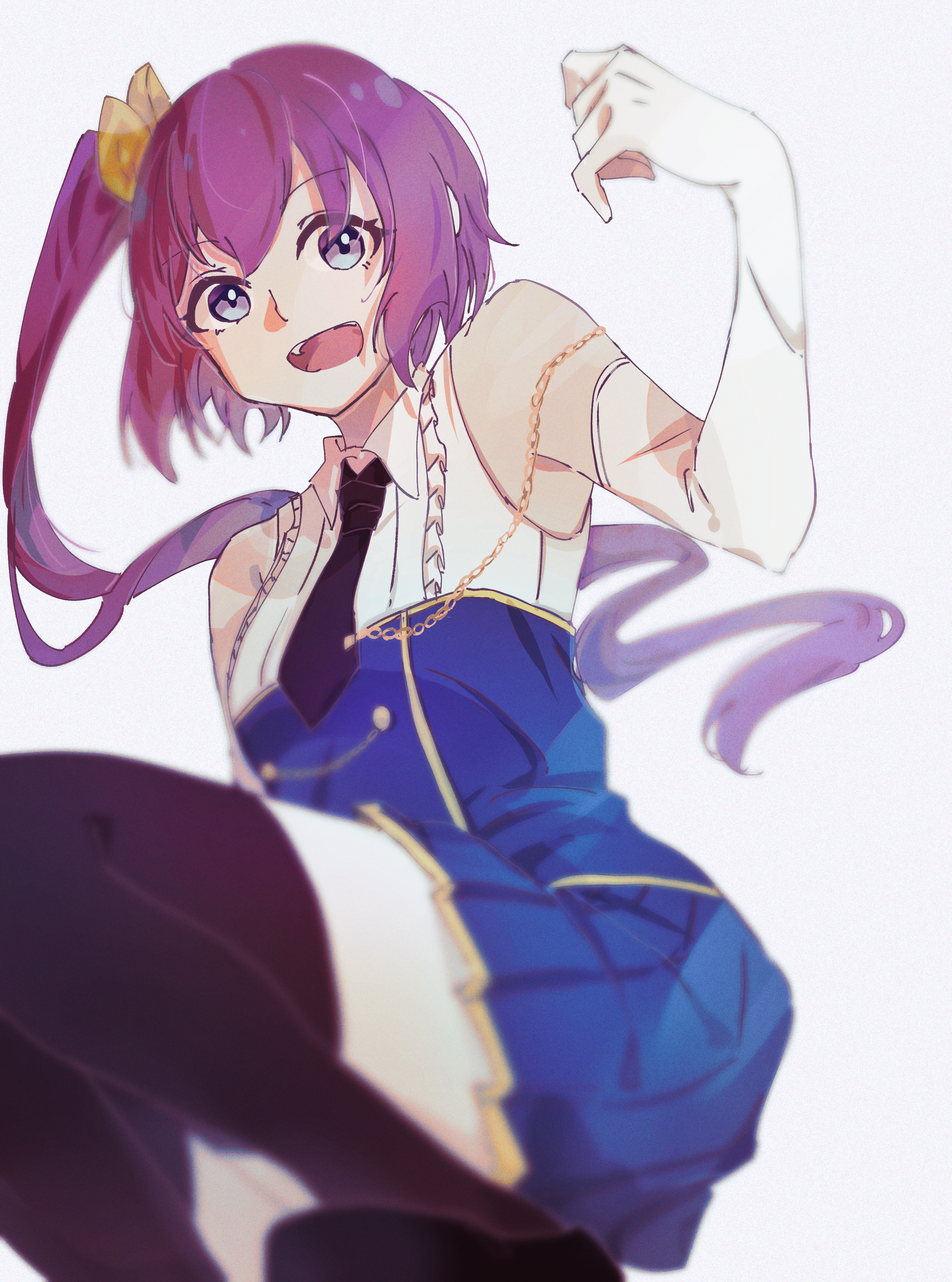 1girl :d absurdres arm_at_side assault_lily bare_shoulders black_necktie black_shoes black_thighhighs blue_eyes blue_shirt blue_skirt blurry chain collared_shirt commentary_request depth_of_field elbow_gloves feet_out_of_frame frilled_shirt frills from_below gloves gold_chain grey_background hair_ribbon hand_up high_ponytail highres jiropi kawanabe_nazuna long_hair looking_at_viewer looking_down miniskirt necktie odaiba_girls_high_school_uniform open_mouth pleated_skirt ponytail purple_hair ribbon school_uniform shirt shoes side_ponytail simple_background skirt sleeveless sleeveless_shirt smile solo squatting teeth thighhighs two-tone_shirt upper_teeth_only white_gloves white_shirt yellow_ribbon zettai_ryouiki
