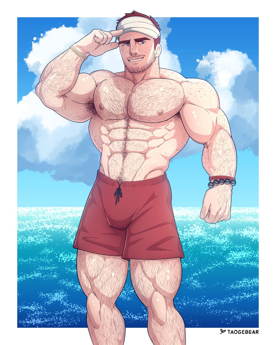 1boy abs arm_hair armpit_hair artist_name bara bead_bracelet beads beard_stubble black_eyes border bracelet cloud commentary day english_commentary facial_hair freckles grin hairy hat highres horizon jewelry large_pectorals leg_hair looking_at_viewer male_focus male_swimwear mature_male muscular muscular_male mustache_stubble navel navel_hair nipples ocean original outdoors outside_border pectorals red_hair red_male_swimwear short_hair sideburns_stubble sky smile solo stubble taogebear teeth topless_male visor_cap white_border white_hat