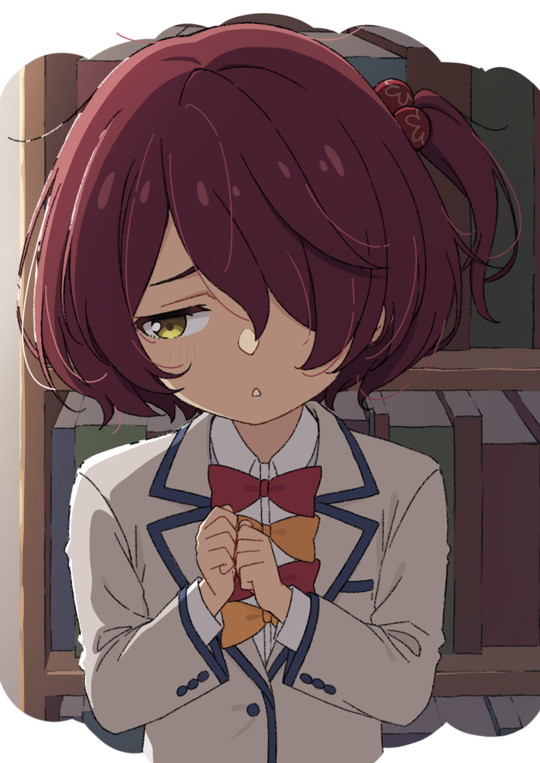 1girl blazer blush book bookshelf bow brown_eyes brown_hair collared_shirt commentary_request dress_shirt grey_jacket hair_bobbles hair_ornament hair_over_one_eye hands_up heijialan highres jacket komari_chika long_sleeves looking_to_the_side make_heroine_ga_oo_sugiru! one_side_up orange_bow own_hands_together parted_lips red_bow school_uniform shirt short_hair solo upper_body white_shirt