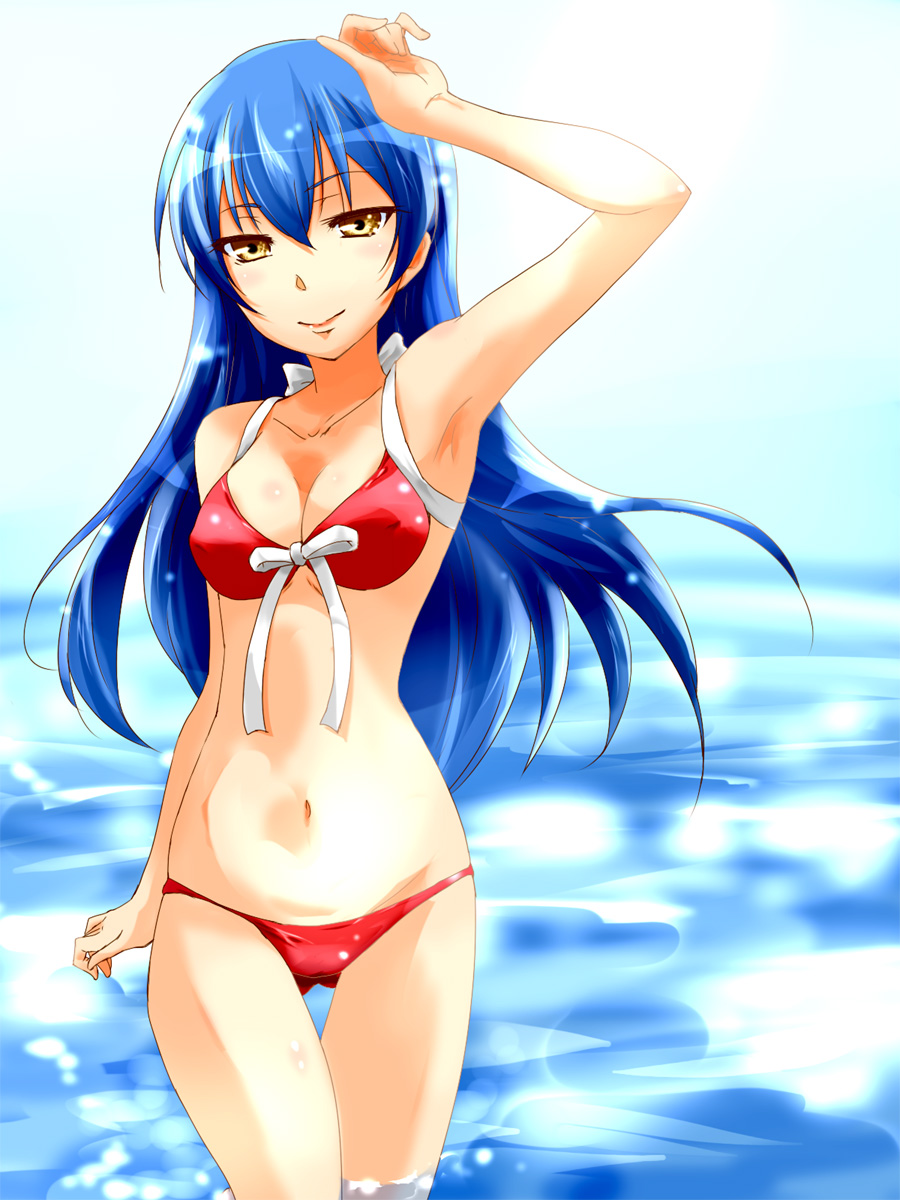 10s 1girl arm_up armpits bikini blue_hair blush brown_eyes female_focus front-tie_top highres long_hair looking_at_viewer love_live! love_live!_school_idol_project navel red_bikini smile smile_pact solo sonoda_umi swimsuit thigh_gap urutsu_sahari wading water