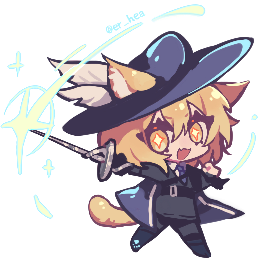 +_+ 1girl animal_ears belt black_belt black_gloves black_jacket black_pants black_shoes blonde_hair blue_cape blue_hat blue_necktie cape cat_ears cat_girl cat_tail cavalier_hat chibi cinq_association_south_uniform collared_shirt don_quixote_(project_moon) er_hea fang full_body gloves hat hat_feather jacket limbus_company looking_at_viewer necktie pants plume project_moon rapier shirt shoes short_hair simple_background skin_fang solo standing sword tail weapon white_background white_shirt yellow_eyes