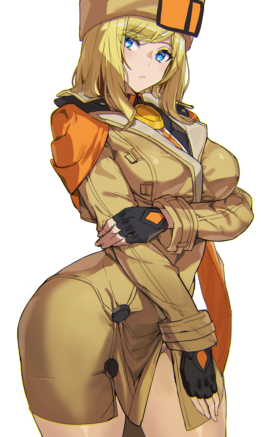 1girl ashiomi_masato black_gloves blonde_hair blue_eyes breasts chromatic_aberration collared_shirt curvy dress fingerless_gloves fur_hat gloves guilty_gear guilty_gear_strive hat highres holding_own_arm large_breasts looking_to_the_side millia_rage no_legwear shirt solo standing thighs white_background yellow_dress yellow_hat