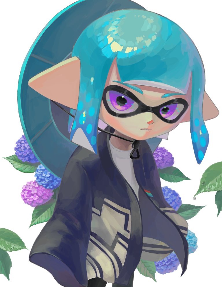 1girl amputee aqua_hair aqua_hat armless_amputee black_jacket black_pants blunt_bangs blunt_ends chin_strap closed_mouth double_amputee expressionless floral_background flower hat hat_on_back hydrangea jacket kurutot1 leaf looking_at_viewer missing_limb nintendo open_clothes open_jacket pants pointy_ears purple_eyes shirt sidelocks sideways_glance splatoon_(series) straight_hair white_background white_shirt wind