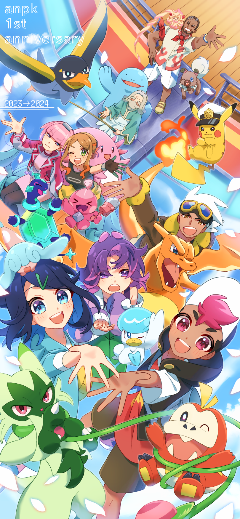 4boys 4girls :d ;d alcremie anniversary arm_up bird black_hair blush captain_pikachu chansey charizard colored_inner_hair commentary_request dark-skinned_male dark_skin day dot_(pokemon) facial_hair fire flame-tipped_tail floragato freckles friede_(pokemon) fuecoco gen_1_pokemon gen_2_pokemon gen_7_pokemon gen_8_pokemon gloves green_pants highres liko_(pokemon) ludlow_(pokemon) mollie_(pokemon) multicolored_hair multiple_boys multiple_girls murdock_(pokemon) nintendo one_eye_closed open_mouth orla_(pokemon) outdoors pants pantyhose pikachu pink_hair pokemon pokemon_(anime) pokemon_(creature) pokemon_horizons purple_hair quagsire quaxly rockruff roy_(pokemon) shinomono921 shirt smile standing tail terapagos terapagos_(normal) tinkatink vest wattrel yellow_bag