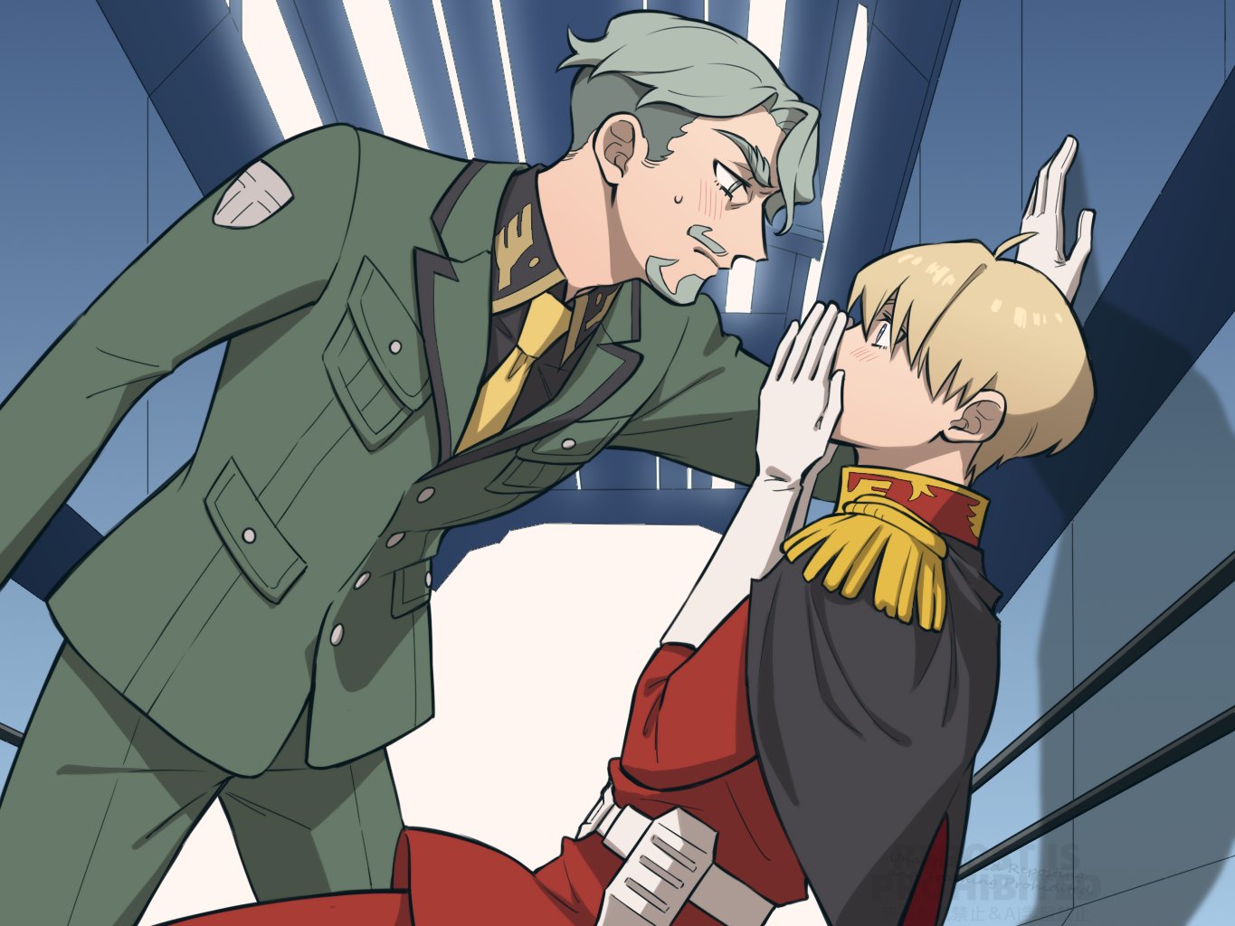 2boys ahoge beard blonde_hair blue_eyes blush challia_bull char_aznable collared_shirt epaulettes facial_hair gloves green_eyes green_hair gundam gundam_gquuuuuux high_collar jacket kabedon long_sleeves lywo_n_candy male_focus military_jacket military_uniform multiple_boys mustache necktie parody red_jacket scene_reference shirouzu_(gundam) shirt short_hair sweatdrop yaoi