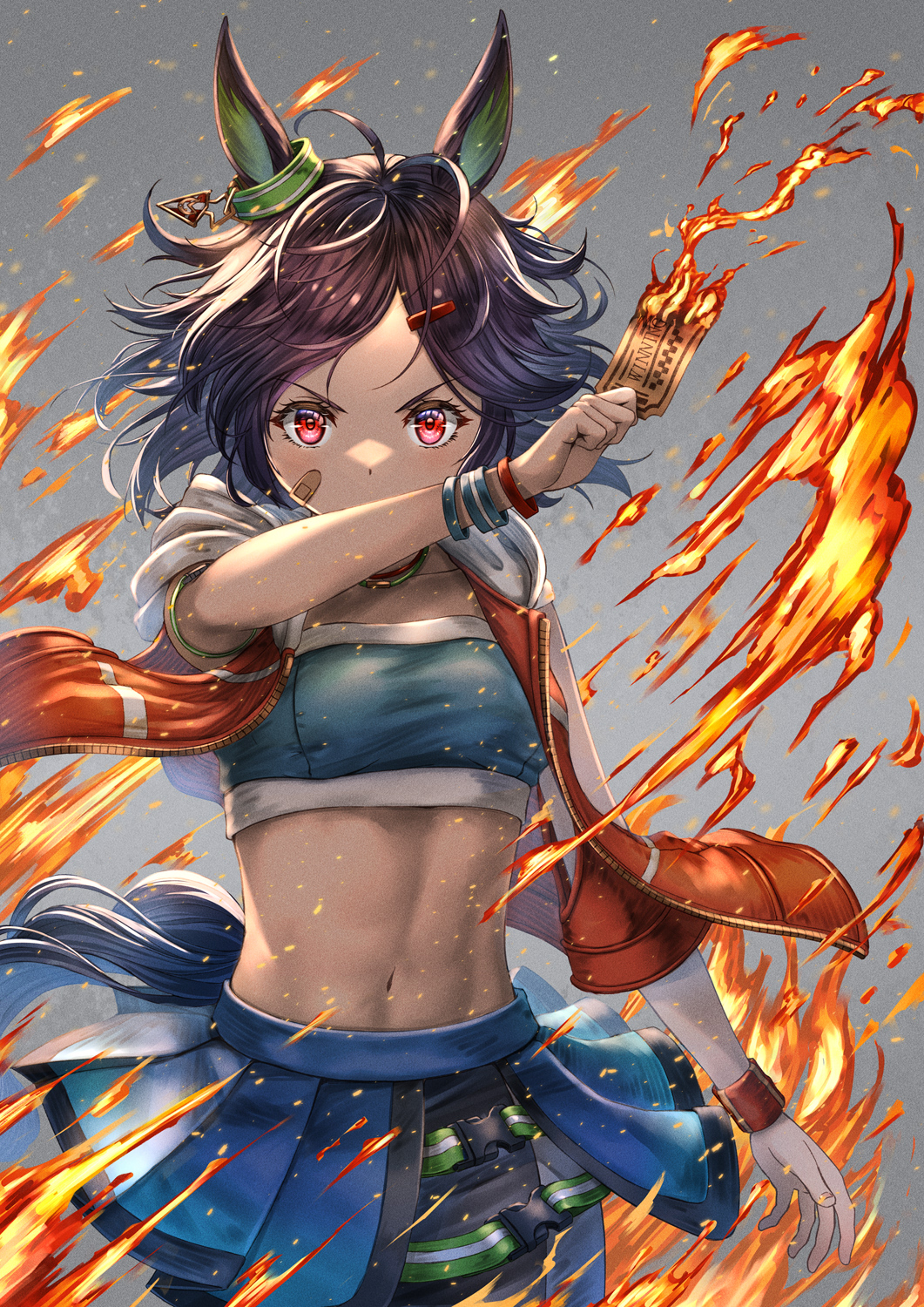 1girl ahoge animal_ears bandaid bandaid_on_cheek bandaid_on_face bandeau black_hair blue_skirt commentary_request cowboy_shot fire grey_background highres holding horse_ears jacket midriff miniskirt navel open_clothes open_jacket pleated_skirt red_eyes skirt solo standing stomach strapless ticket tube_top umamusume v-shaped_eyebrows winning_ticket_(umamusume) wristband yakkuro